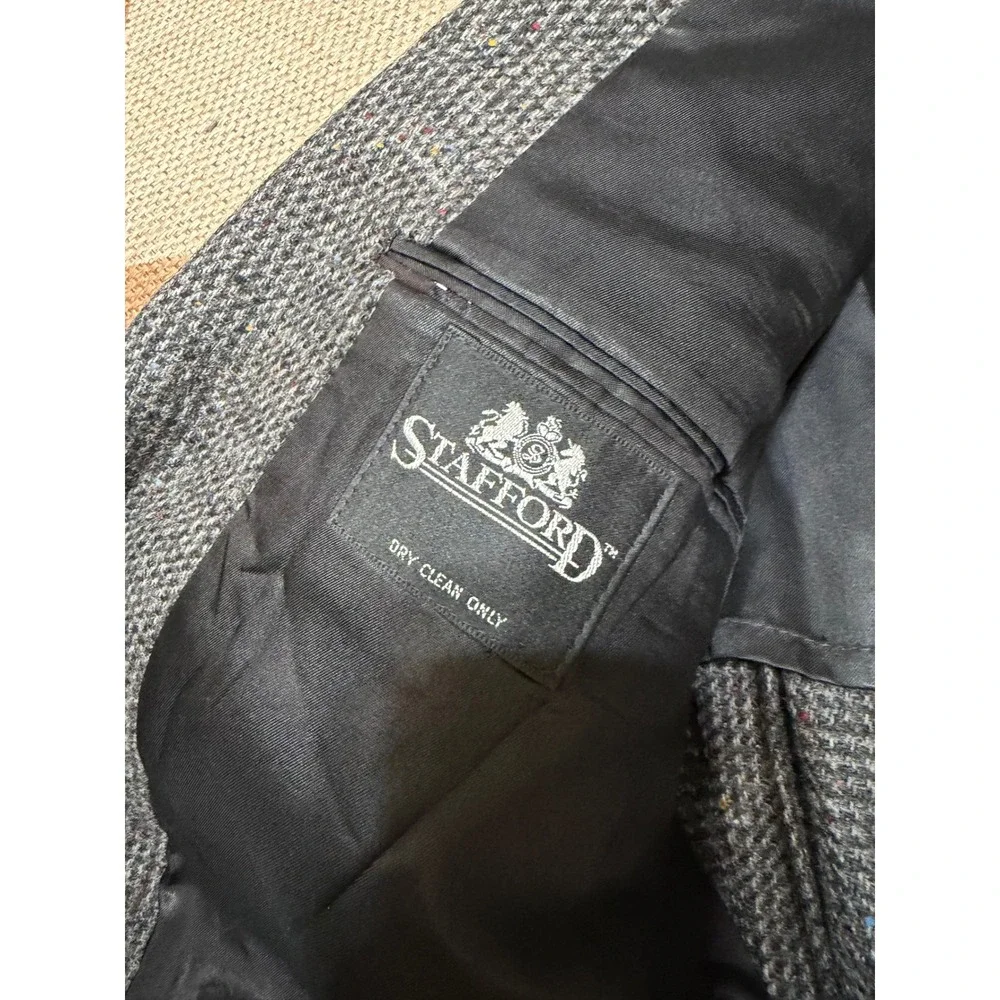 Stafford Mens Grey Tweed Wool Blazer Sport Coat Elbow Patches Vintage 43R